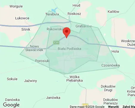 Mapa strefy dostawy sushi Futo Sushi w Białej Podlaskiej i okolicy